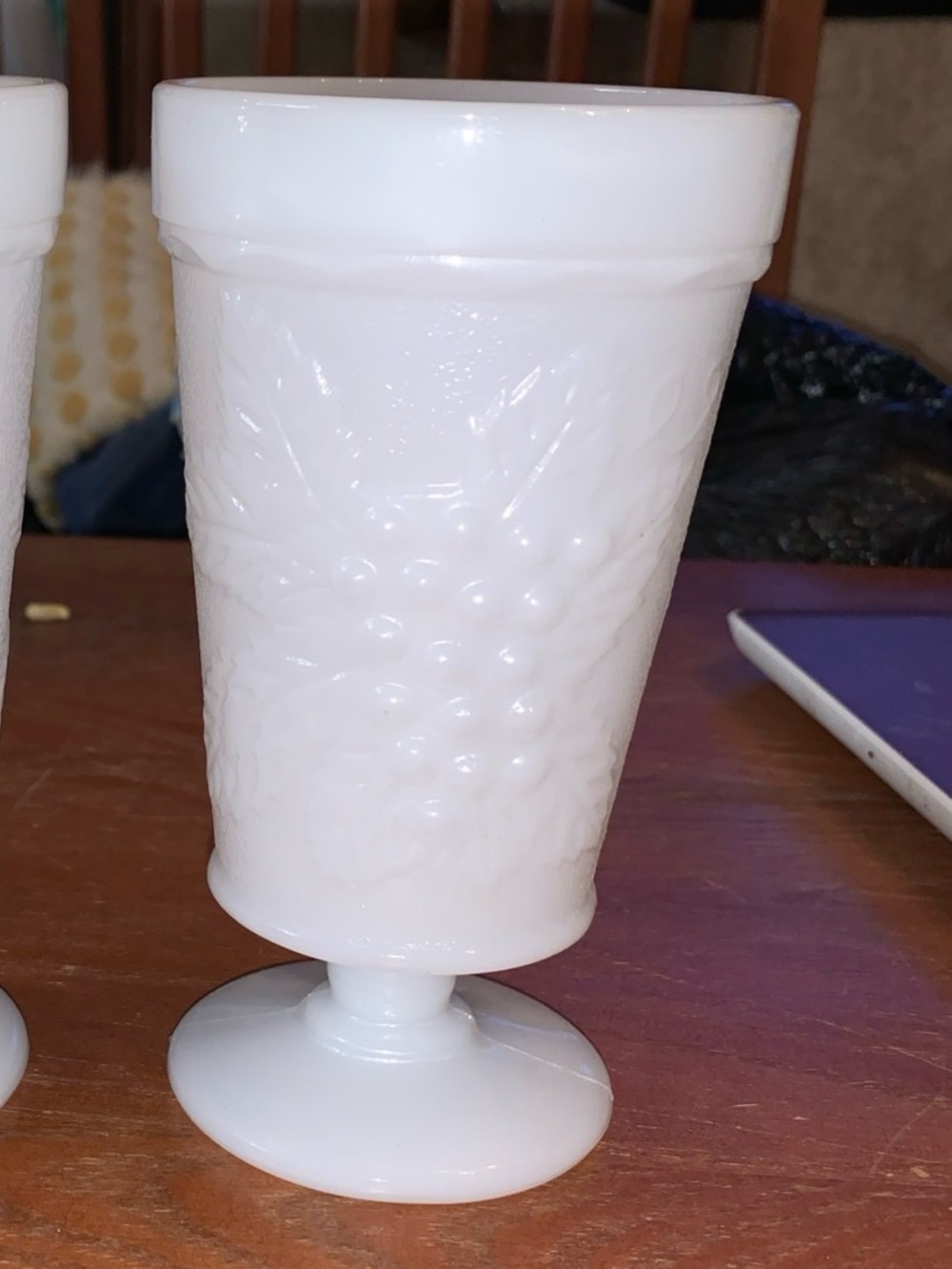 White Milk Glass Goblets - Decorative Grape Motif - Picture 2 of 3